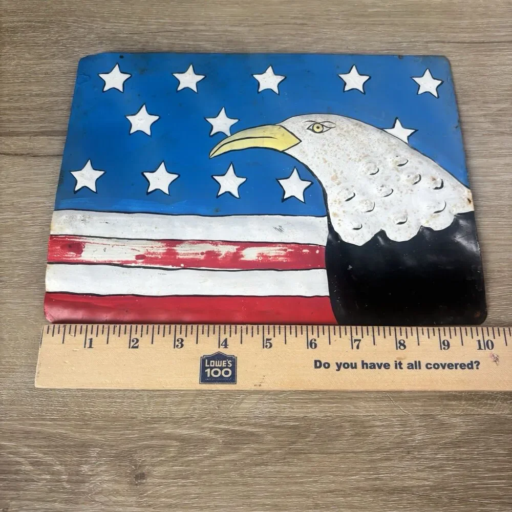 Hand Painted Metal American Flag Bald Eagle Sign Folk Art Wall Decor 10